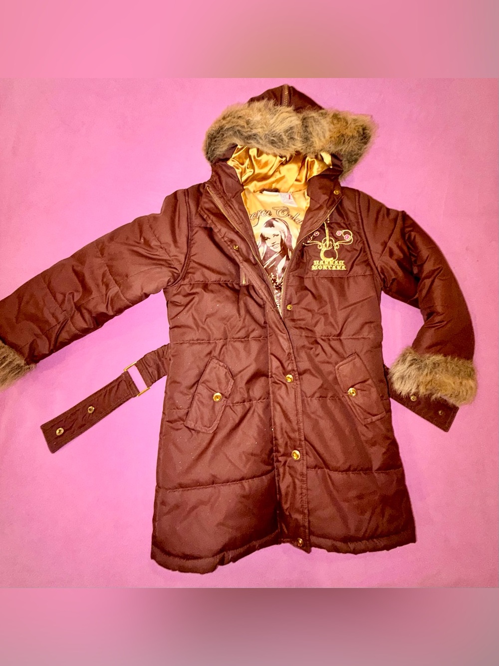 Vintage Disney Hannah Montana Brown Puffer Winter Coat Jacket Fur Trim Girls 7/8